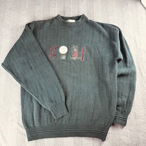 Vintage 90s - Bill Blass Size XL - Green Golf Embroidered - 100% Cotton Sweater